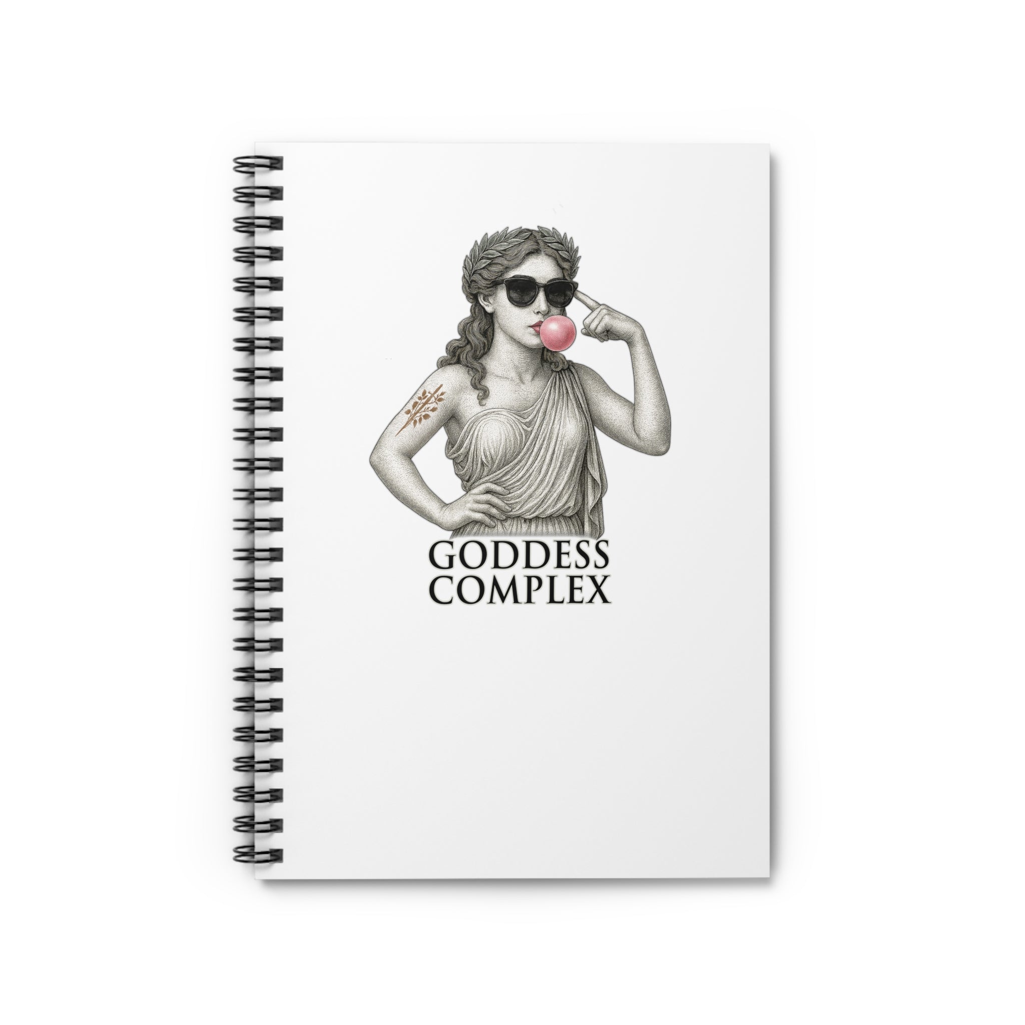 Spiral notebook featuring Roman goddess statue in sunglasses blowing bubblegum with ‘Goddess Complex’ title