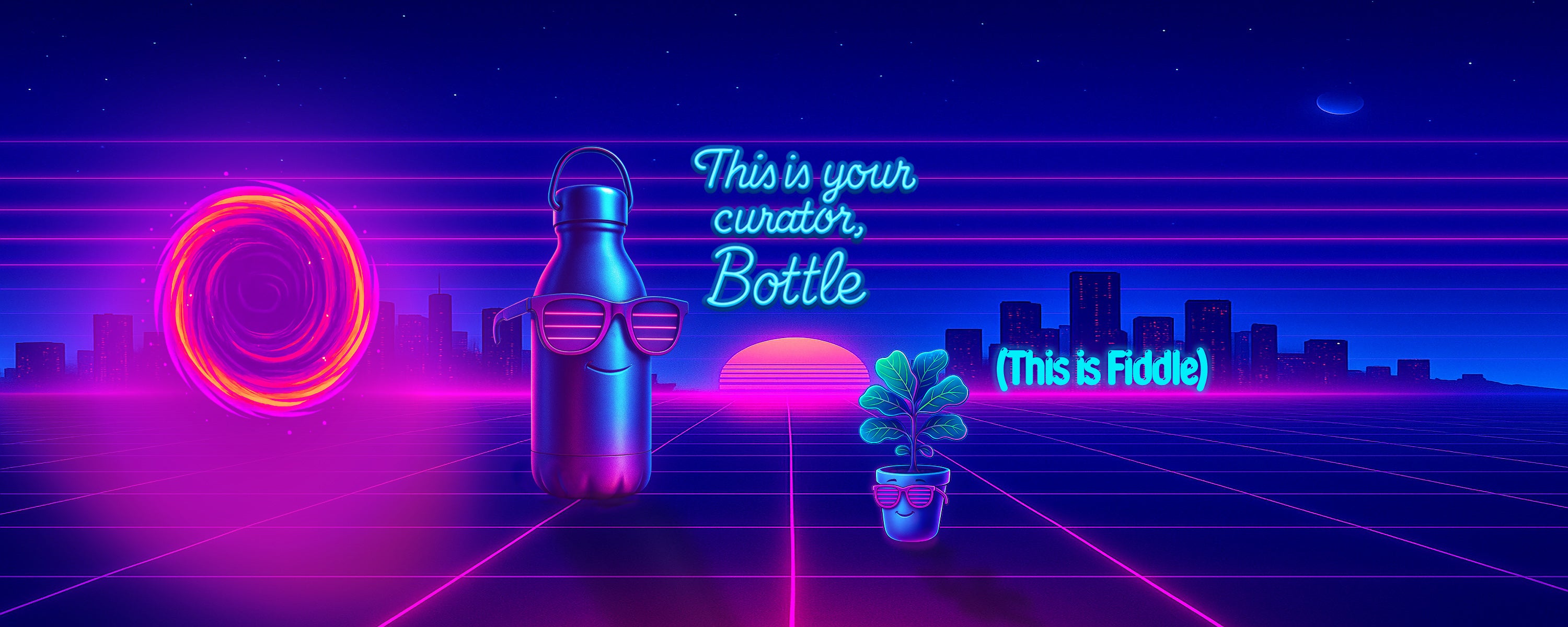 “Vaporwave cityscape with glowing sunset featuring Bottle, a neon-lit water bottle in sunglasses, and Fiddle, a potted plant companion, standing before a pink energy portal. Text reads ‘This is your curator, Bottle’ and ‘This is Fiddle.’”