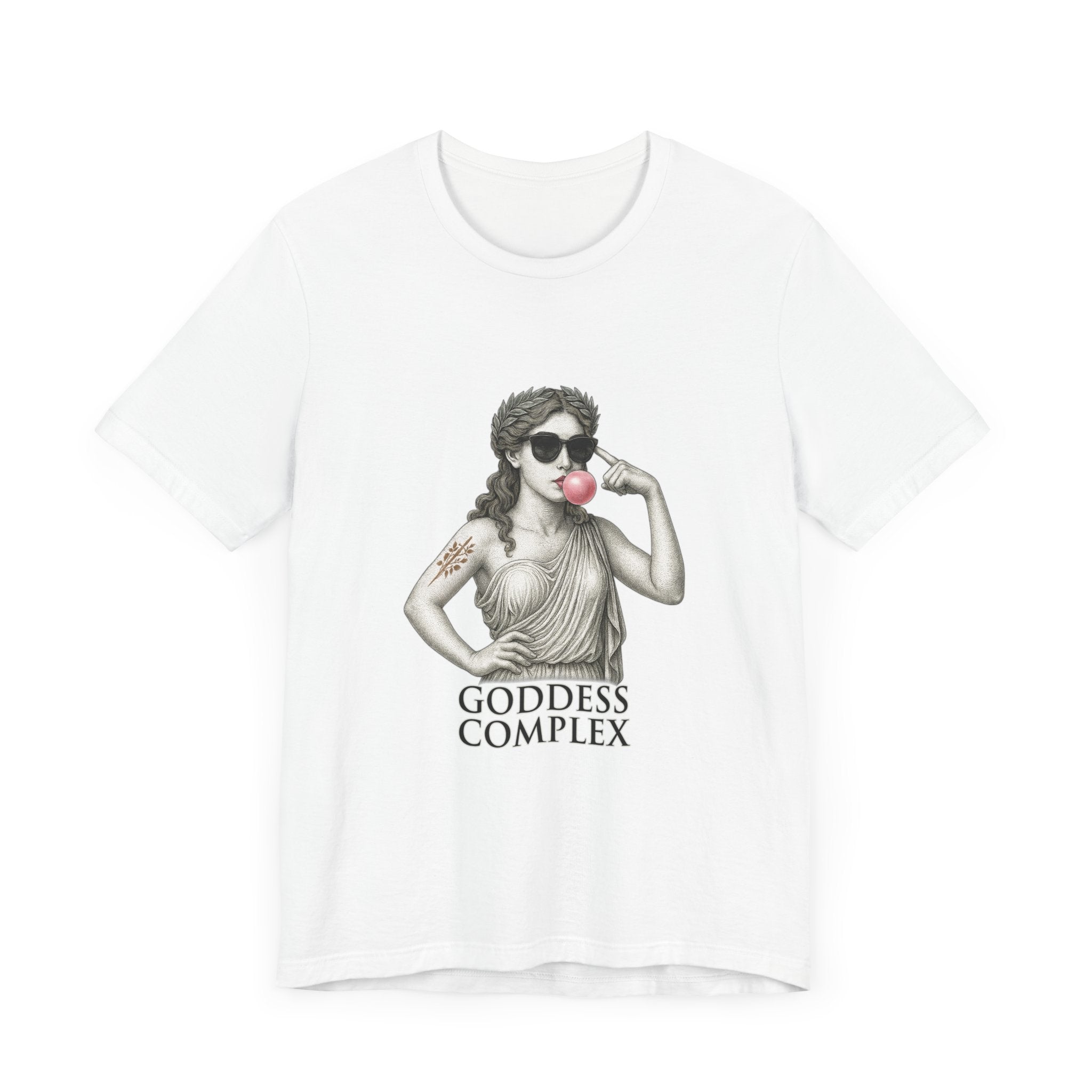 Flatlay of The Goddess Complex Short Sleeve in White — statue graphic centered, clean background.