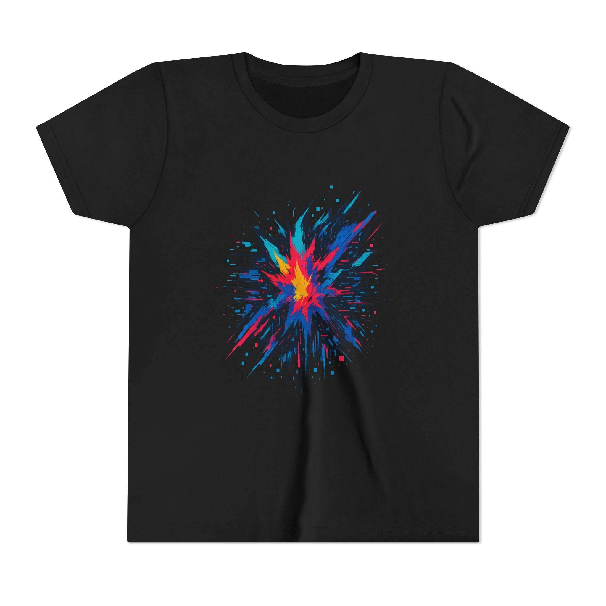 Flat lay of black youth t-shirt with neon starburst design in red, purple, and electric blue — front view of the Neon Blast graphic tee.