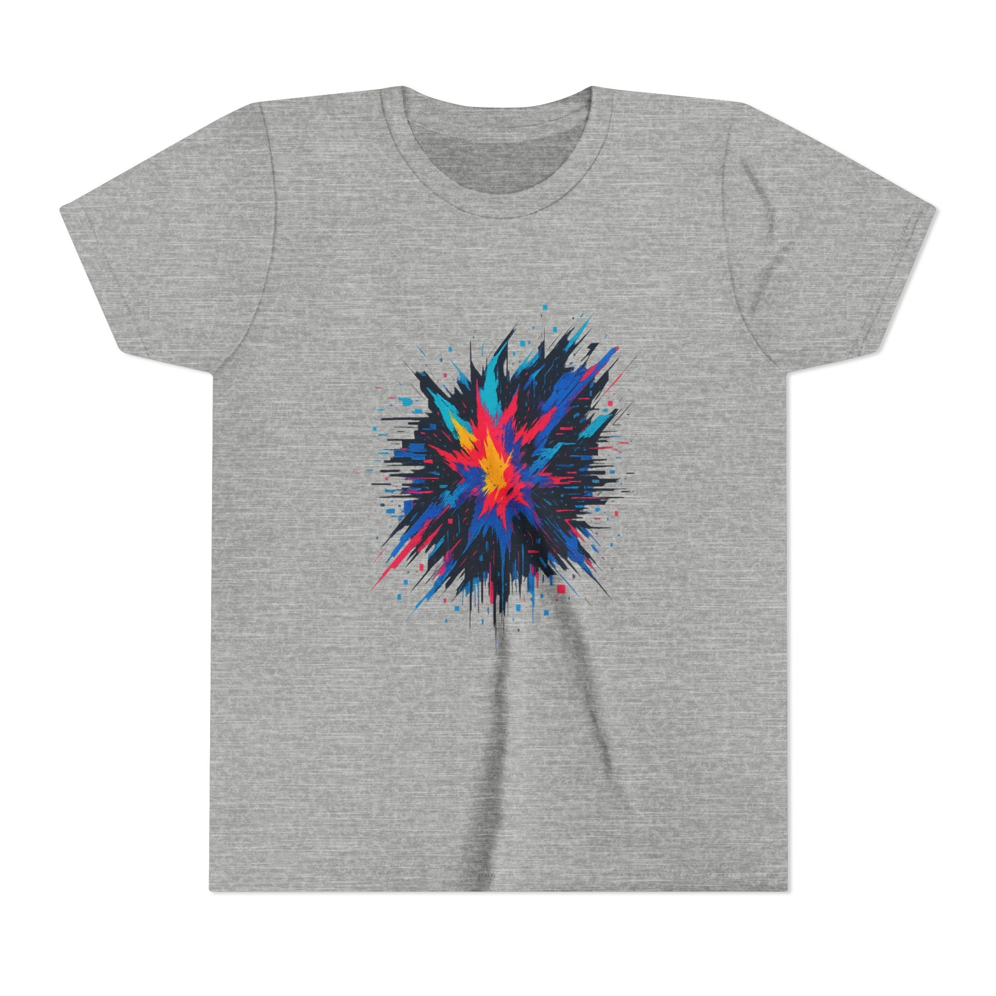 Flat lay of heather gray youth t-shirt with neon starburst design in hot pink, blue, and black — front view of the Neon Blast graphic tee.