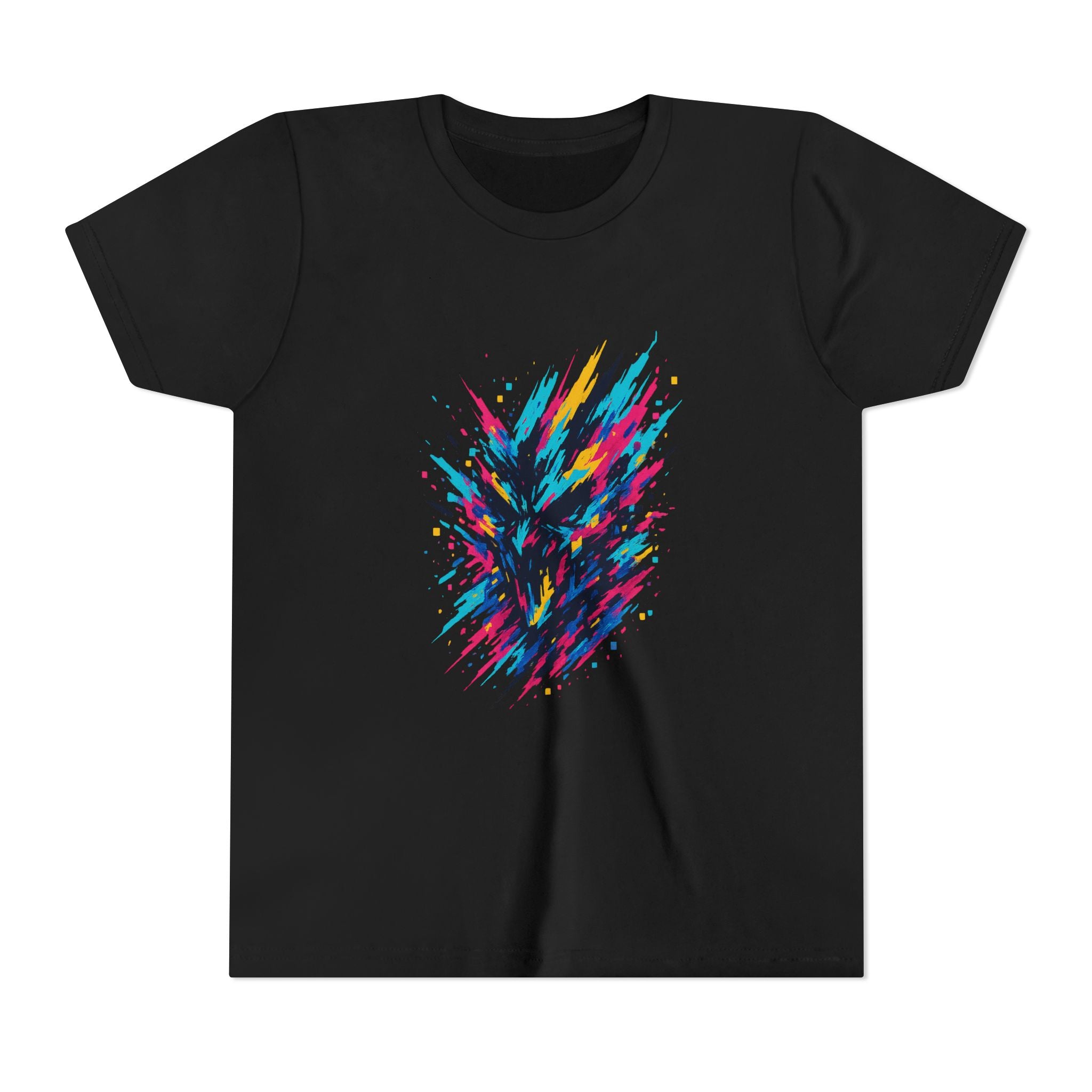 Flat lay of black youth t-shirt featuring vibrant glitch burst design in cyan, pink, yellow, and purple — front view of the pixel scramble graphic tee.