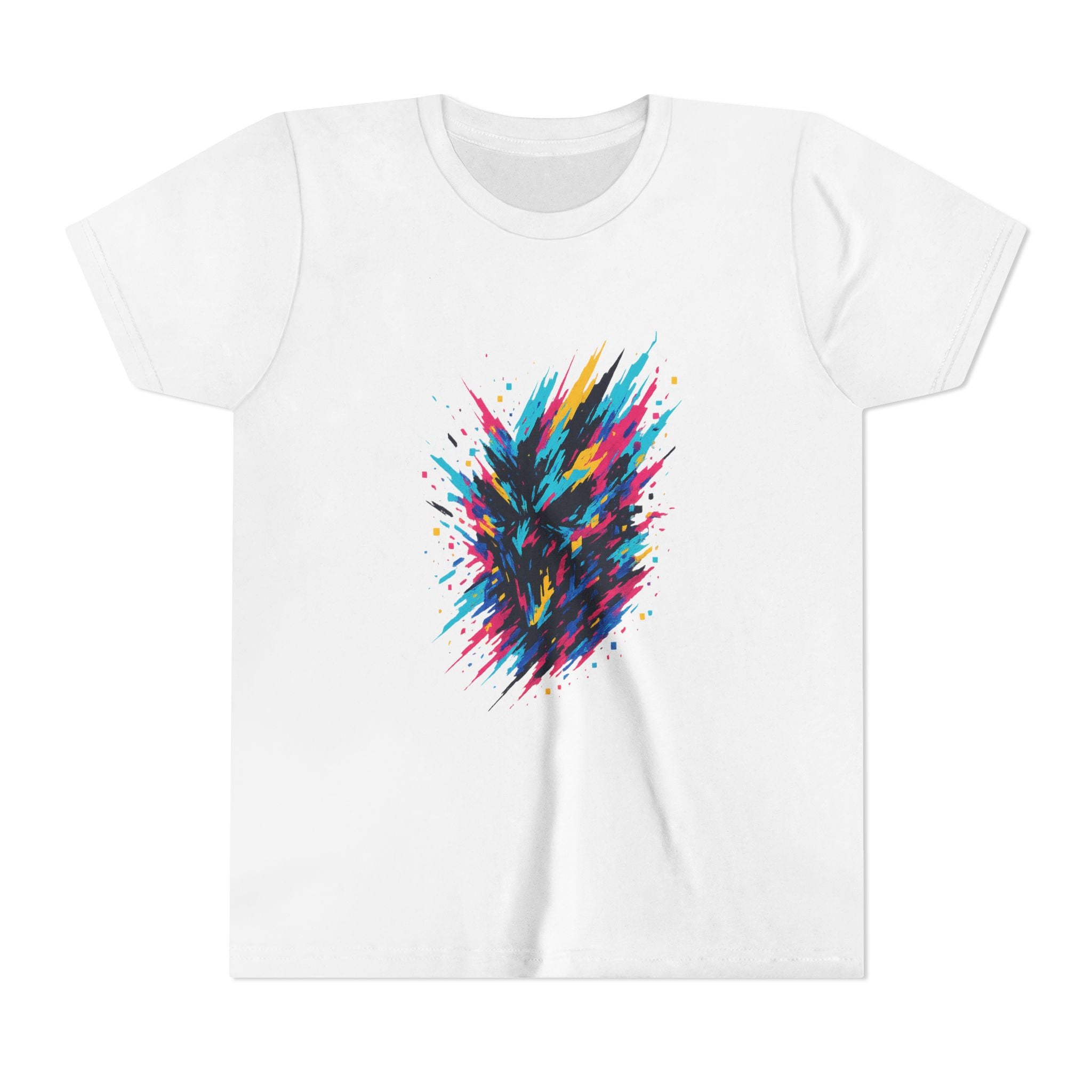 Flat lay of white youth t-shirt with colorful glitch burst design in pink, blue, black, and yellow — front view of the pixel scramble print tee.