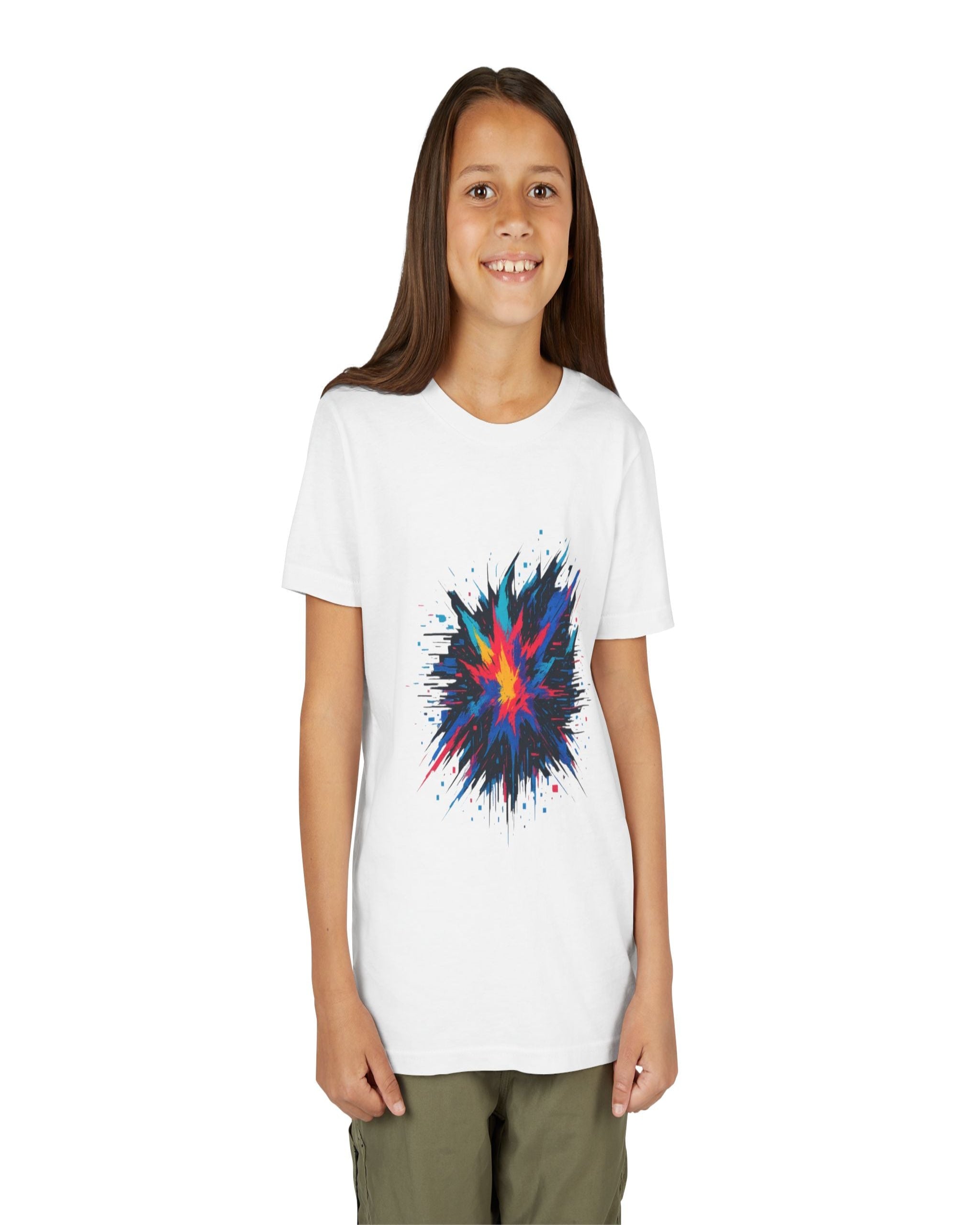 Kid wearing a white youth graphic tee with neon pixel starburst design in red, blue, and black — the Neon Blast shirt for bold, creative kids.